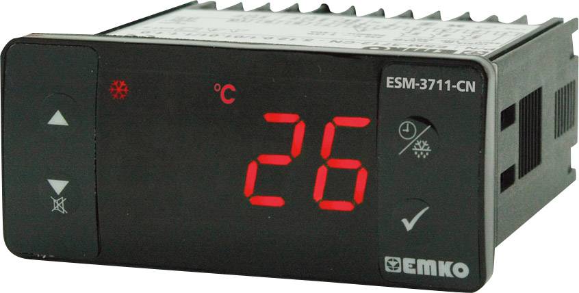 Digitálny teplotný regulátor s červeným LED displejom zobrazuje '26 °C'. Pravá oblasť s tlačidlami pre nastavenie, čierny kryt.