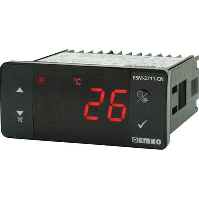 Digitálny teplotný regulátor s červeným LED displejom zobrazuje '26 °C'. Pravá oblasť s tlačidlami pre nastavenie, čierny kryt.
