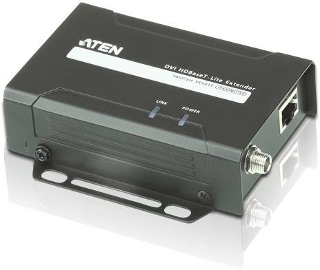 Čierny DVI HDBaseT-Lite extender od spoločnosti ATEN s portmi pre video prenos a sieťové pripojenie.