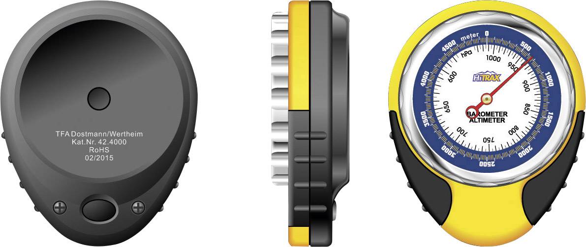 Digitálny výškomer s čiernym krytom a žltým akcentom. Na prednej strane zobrazuje výškové údaje a barometrický tlak.