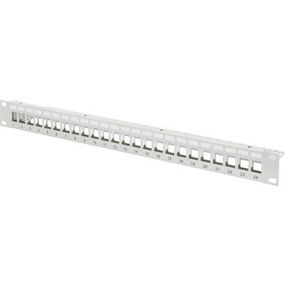 Prázdny patch panel s 24 číslovanými RJ45 portami, pripravený na inštaláciu do sieťového racku.