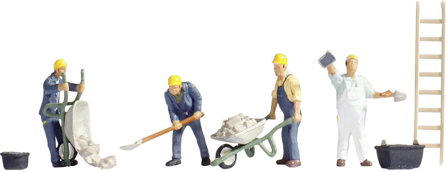 Štyri miniatúrne figuríny v pracovnom oblečení pomáhajúce pri stavbe: jedna s fúrikom, jedna s lopatou, jedna s tehlovým murivom, jedna s murárskou lyžicou.
