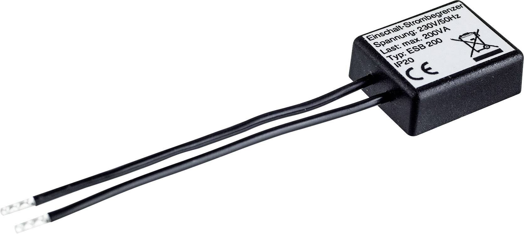 Nízkopäťový prúdový obmedzovač pre 230V/50Hz, typ ESB 200, s dvoma čiernymi káblami a označením CE.