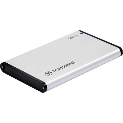 Externý pevný disk Transcend s USB 3.0 pripojením, striebornej farby, obdĺžnikového tvaru, s elegantným dizajnom.