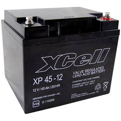 Batéria s nápisom 'xCell XP 45-12', 12V, 45Ah/20HR, určená pre pohotovostné použitie, s technickými detailmi na prednej strane.