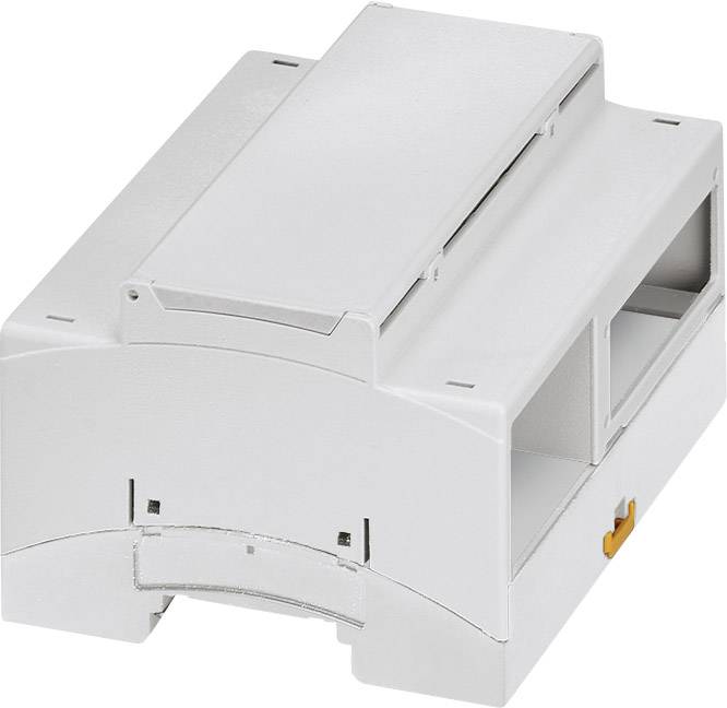 Biely plastový kryt so zkosenými hranami a viacerými otvormi, typický pre montáž elektronických zariadení.
