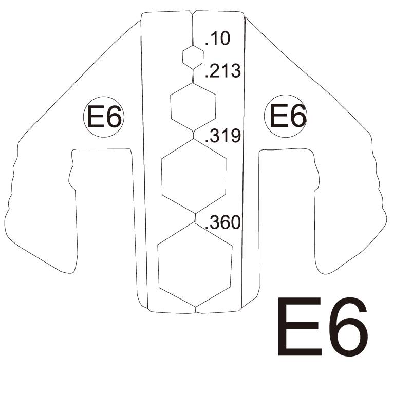 Technický diagram znázorňuje profilový pohľad upevňovacieho nástroja s označením 'E6' a rozmermi ako '.10' a '.360'.