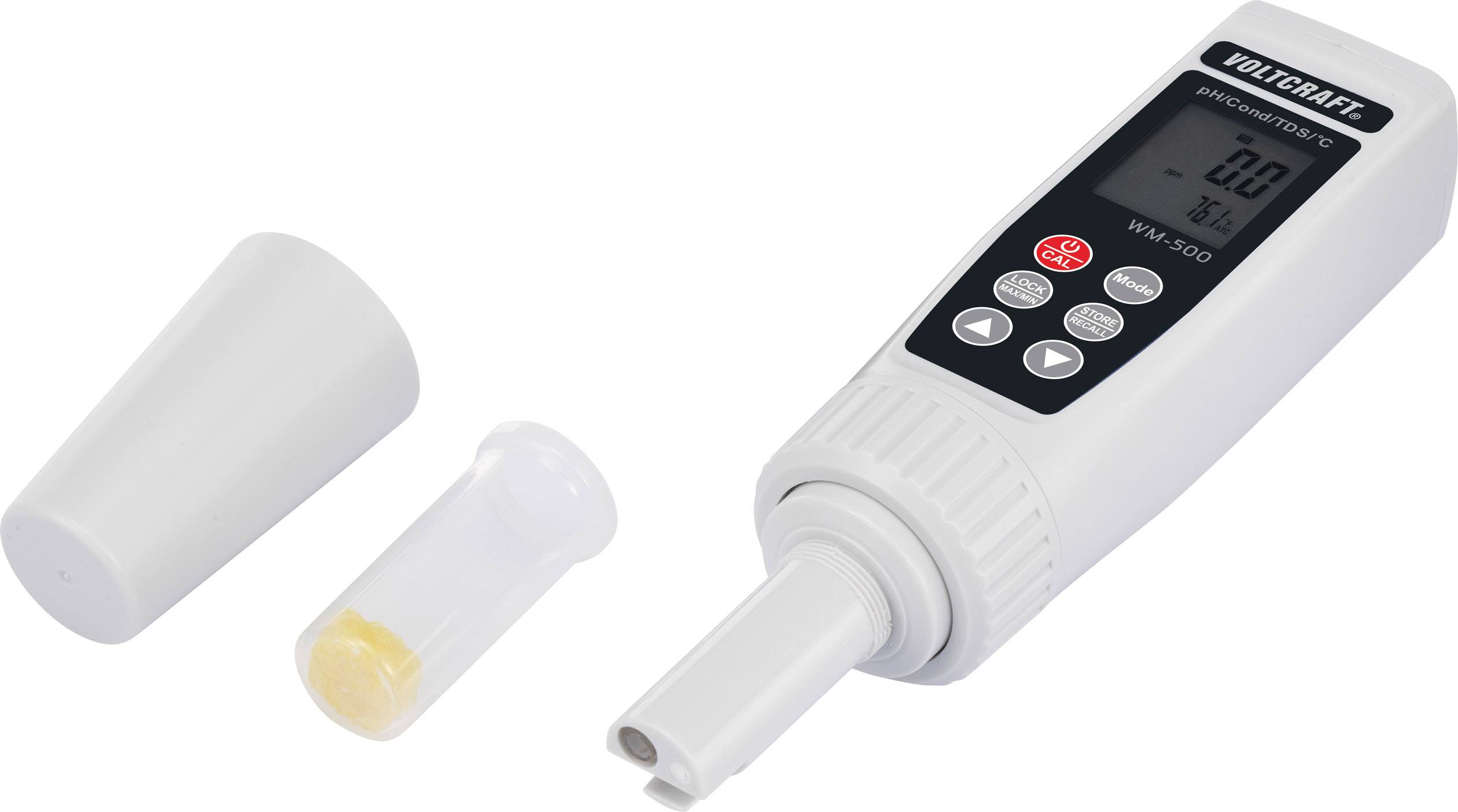 Obrázok znázorňuje digitálny pH meter so sňatým ochranným krytom a malou kalibračnou roztokou. Na displeji a ovládacích tlačidlách sú jasne viditeľné detaily.