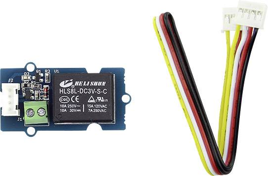 Elektronický modul s označením 'HLS8L-DC3V-S-C' a príslušné káble s bielymi, červenými, žltými a čiernymi vodičmi.