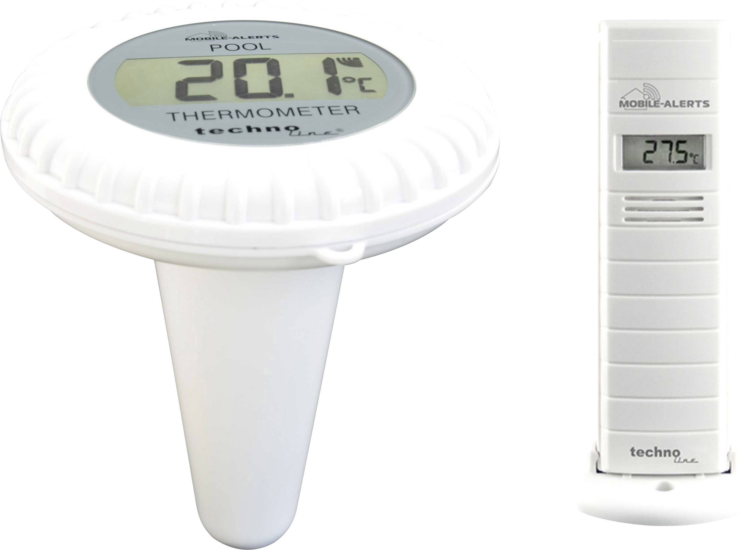 Biele teplomer pre bazén a okolie s digitálnym displejom. Ľavý displej: Teplota bazéna 20,1°C. Pravý displej: Teplota okolia 27,5°C.