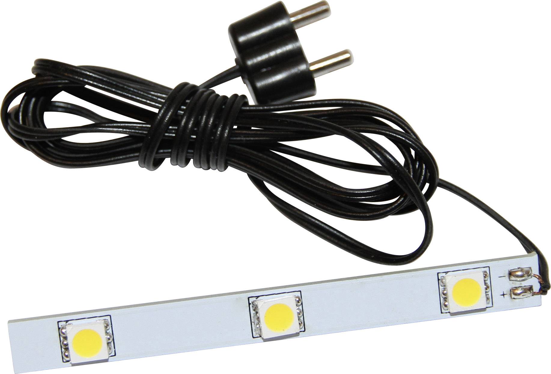 LED pásik s troma žltými svetlami, pripojený k čiernemu káblu so zástrčkou. Vhodný na osvetľovacie účely.