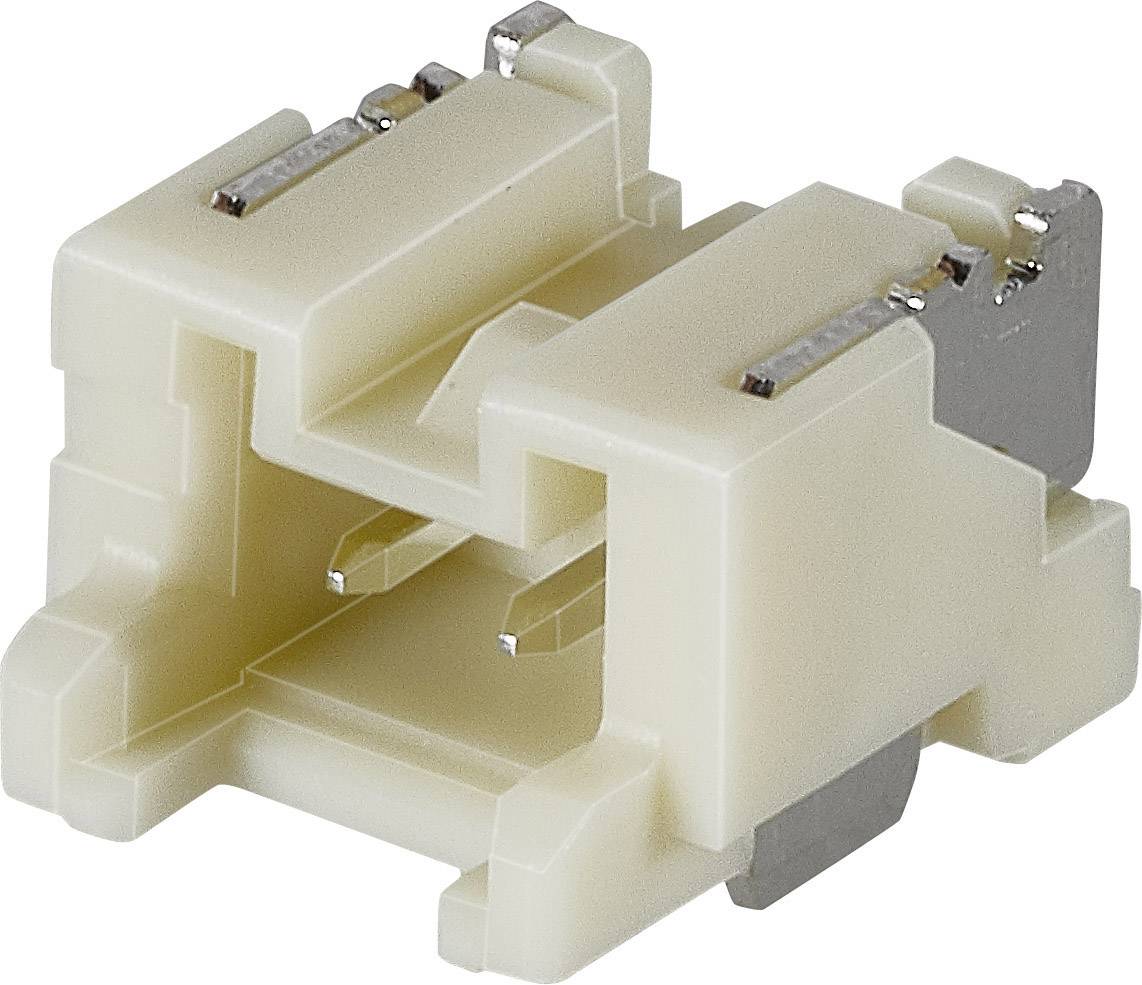 Krémový konektor s kovovými kontaktmi, ktorý sa používa na prepájanie káblov v elektronických zariadeniach.