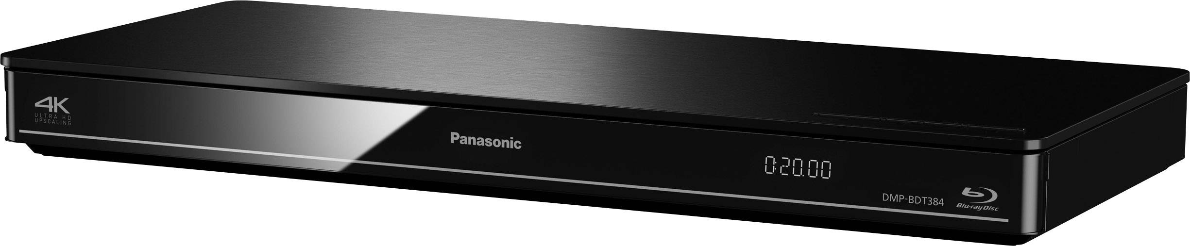 Čierny Panasonic Blu-ray prehrávač s podporou 4K. Zobrazuje čas '02:00'. Číslo modelu DMP-BDT180 na prednej strane.