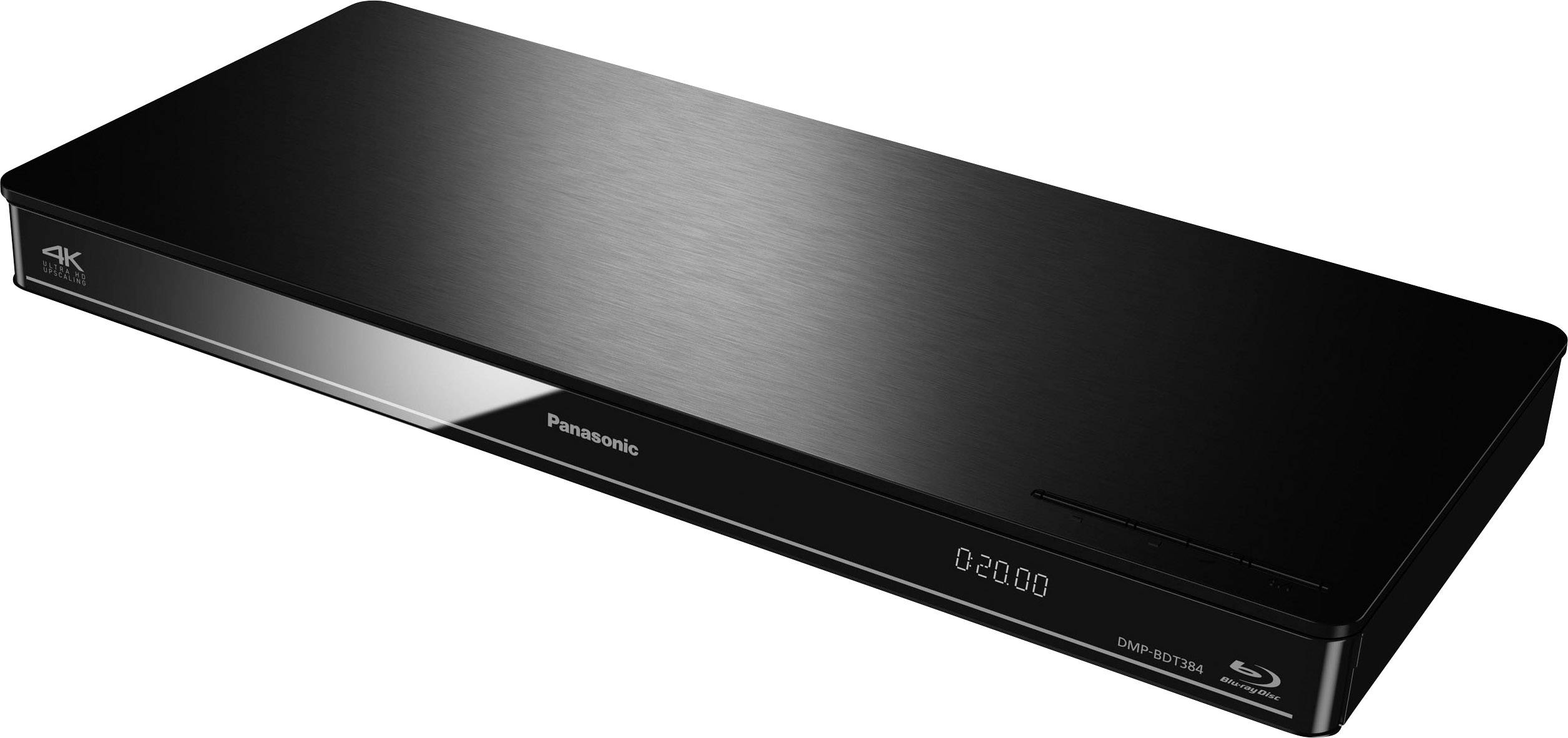 Čierny Blu-ray prehrávač s digitálnym displejom a podporou 4K. Zariadenie má lesklý povrch a zobrazuje '02:00'.