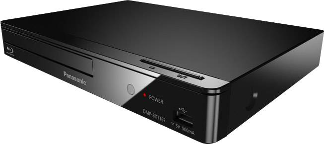 Čierny Blu-ray prehrávač s tenkým, obdĺžnikovým dizajnom. Značka 'Panasonic' viditeľná vpredu, s tlačidlom napájania a prípojkami.
