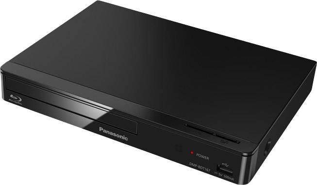 Čierny Panasonic Blu-ray prehrávač s elegantným dizajnom. Na prednej strane sa nachádza tlačidlo zapnutia a zásuvka na disk.