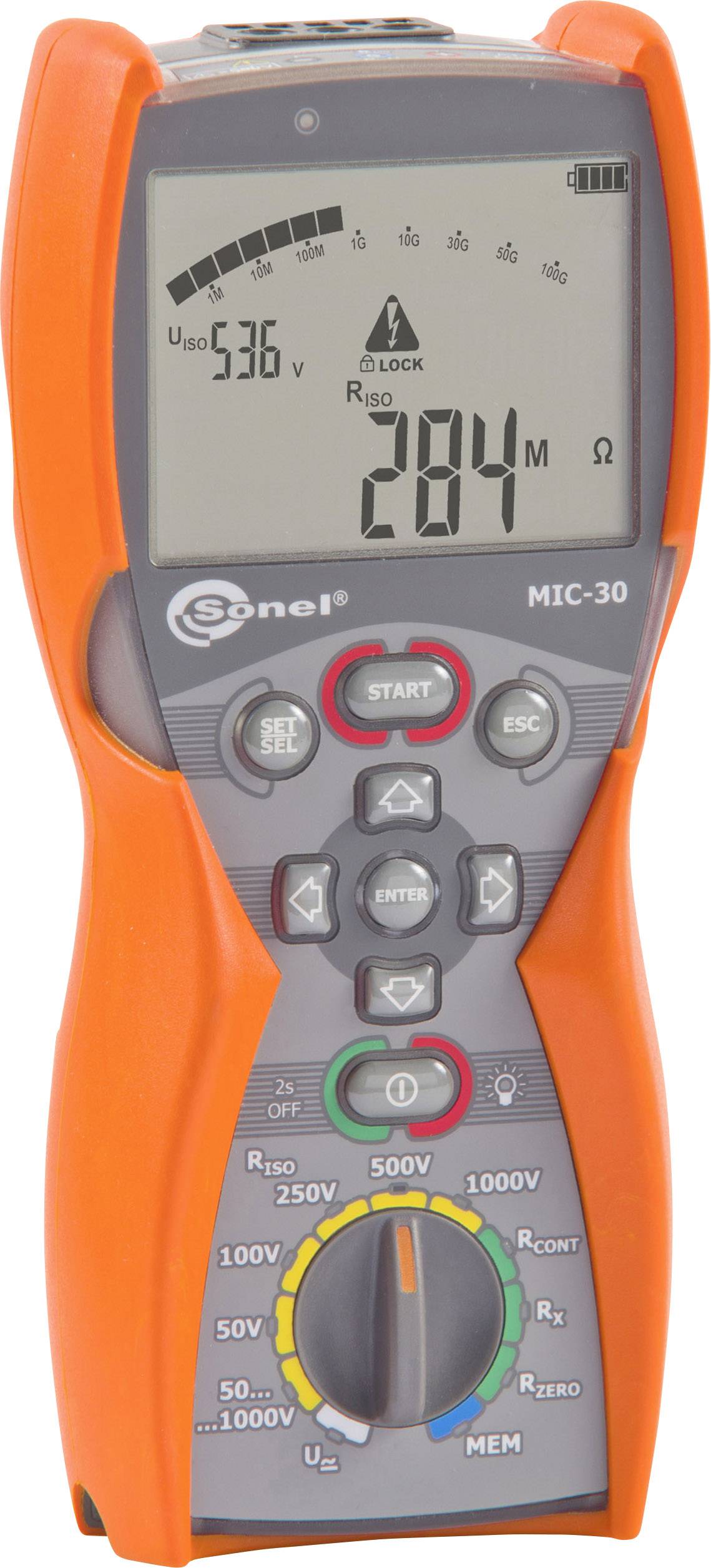 Digitálny multimeter zobrazuje na displeji 5,36 V a 284 Ω. Má oranžové strany so sivou stredovou časťou a niekoľko tlačidiel.