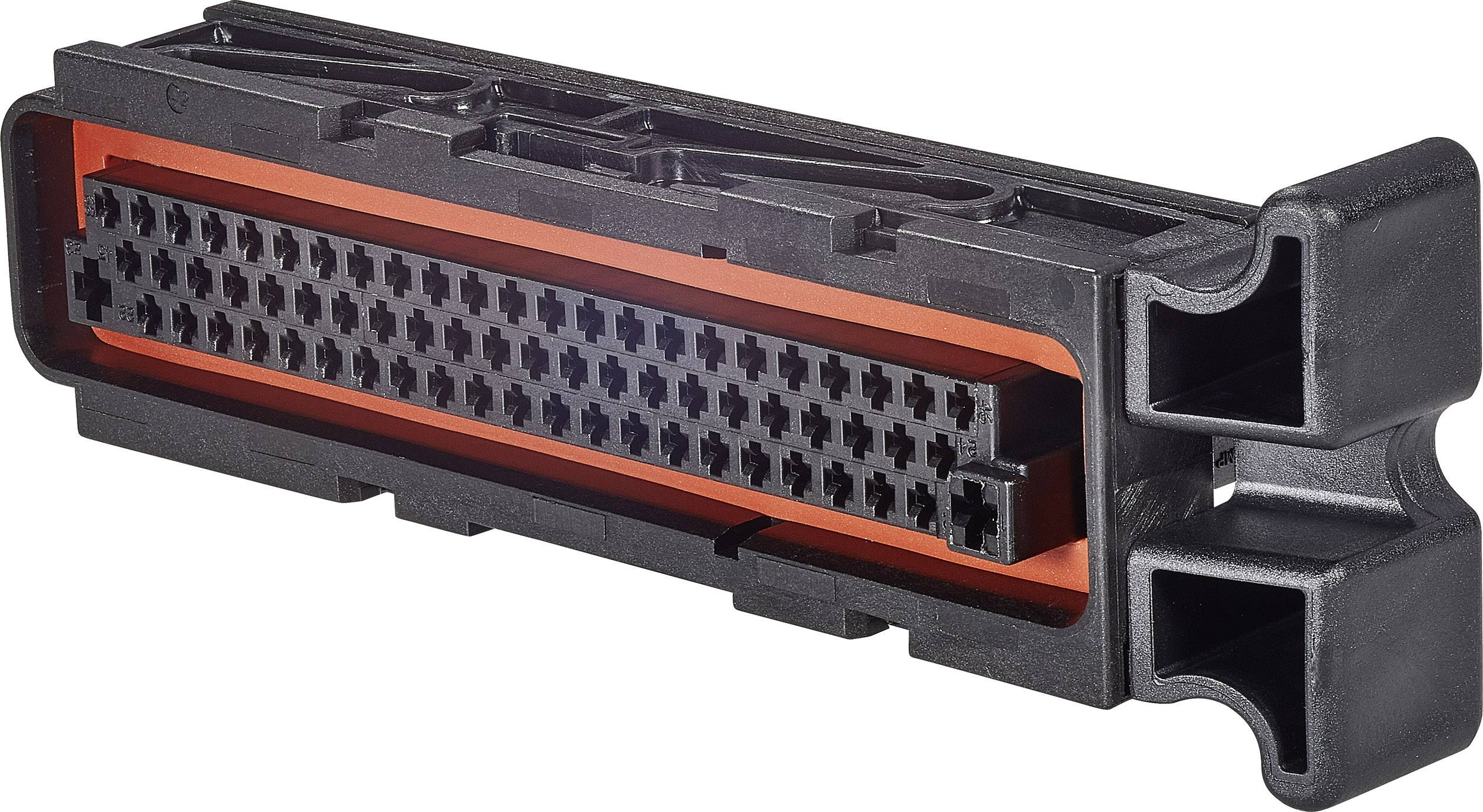 Elektronický konektor v čiernej a oranžovej farbe s obdĺžnikovým tvarom a viacerými pripájacími kolíkmi.