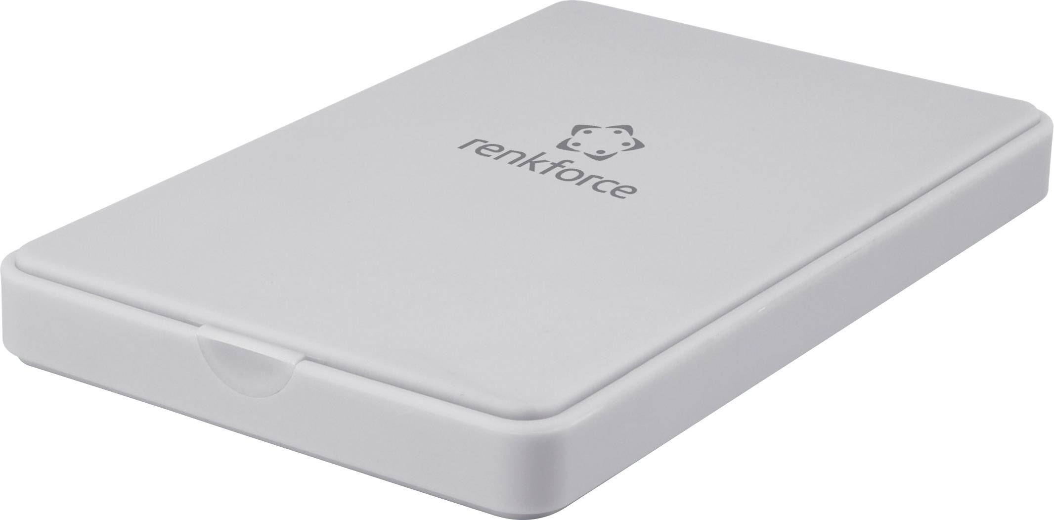 Externý pevný disk od Renkforce, plochý, obdĺžnikový dizajn, biele šasi.