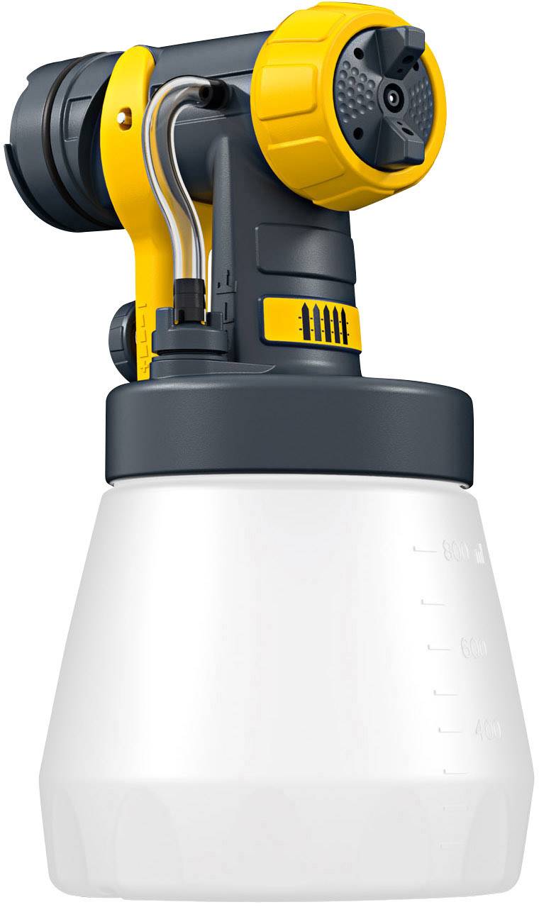 Sprejový nástroj na farbu so žltou rukoväťou a bielou nádobou, vhodný na pokrytie veľkých plôch v domácich DIY projektoch.