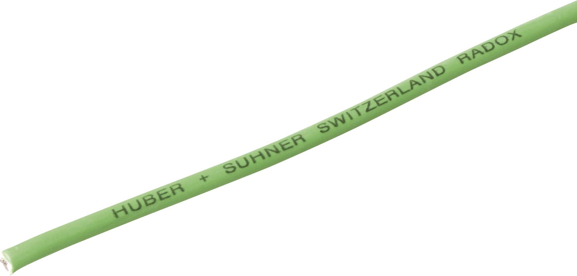 Zelený kábel s nápisom 'Huber + Suhner Switzerland Radox'.