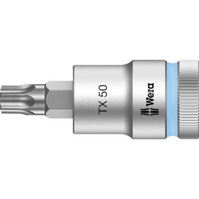 TX 50 Torx bit od Wera, strieborné kovové spracovanie s modrým prsteňom. Vhodný na upevnenie skrutiek s Torx profilom.