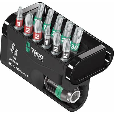Sada bitov Wera Bit-Check 12 BiTorsion 1 v čiernom držiaku, 12 bitov s rôznymi farebnými kódmi a veľkosťami.