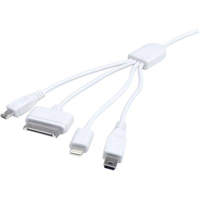 Multifunkčný nabíjací kábel s konektormi pre Micro-USB, 30-pinový, Lightning a Mini-USB, biely. Ideálny na nabíjanie rôznych zariadení.