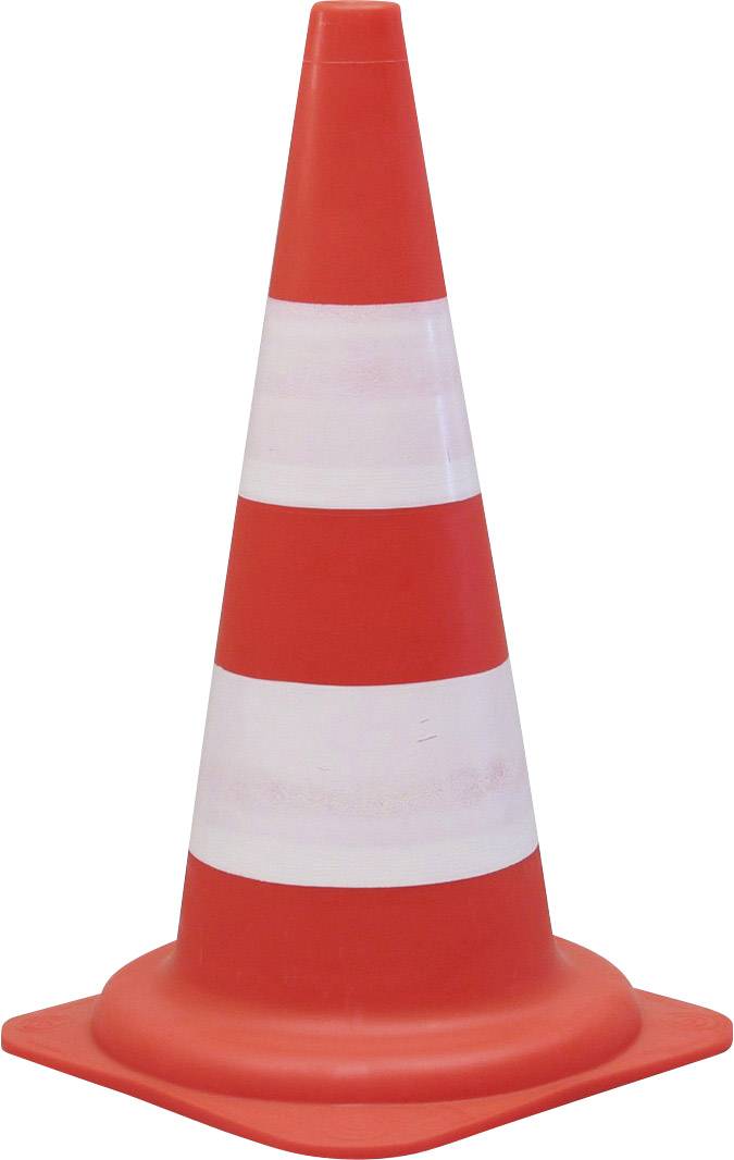 Oranžovo-biely dopravný kužeľ stojí kolmo. Používa sa najmä na zabezpečenie a výstražné účely na cestách a staveniskách.