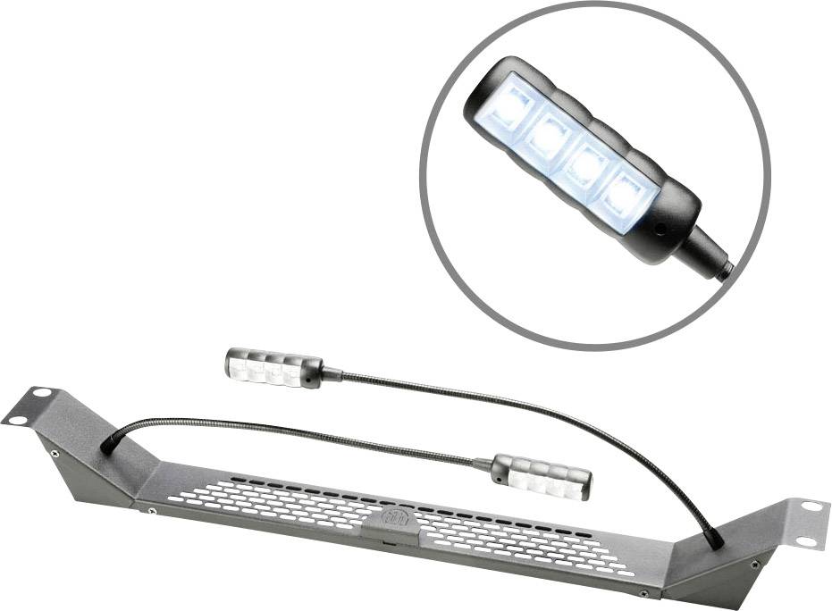 Kovová lišta s vetracími štrbinami, flexibilne umiestnené LED svetlá na osvetlenie elektronického zariadenia.