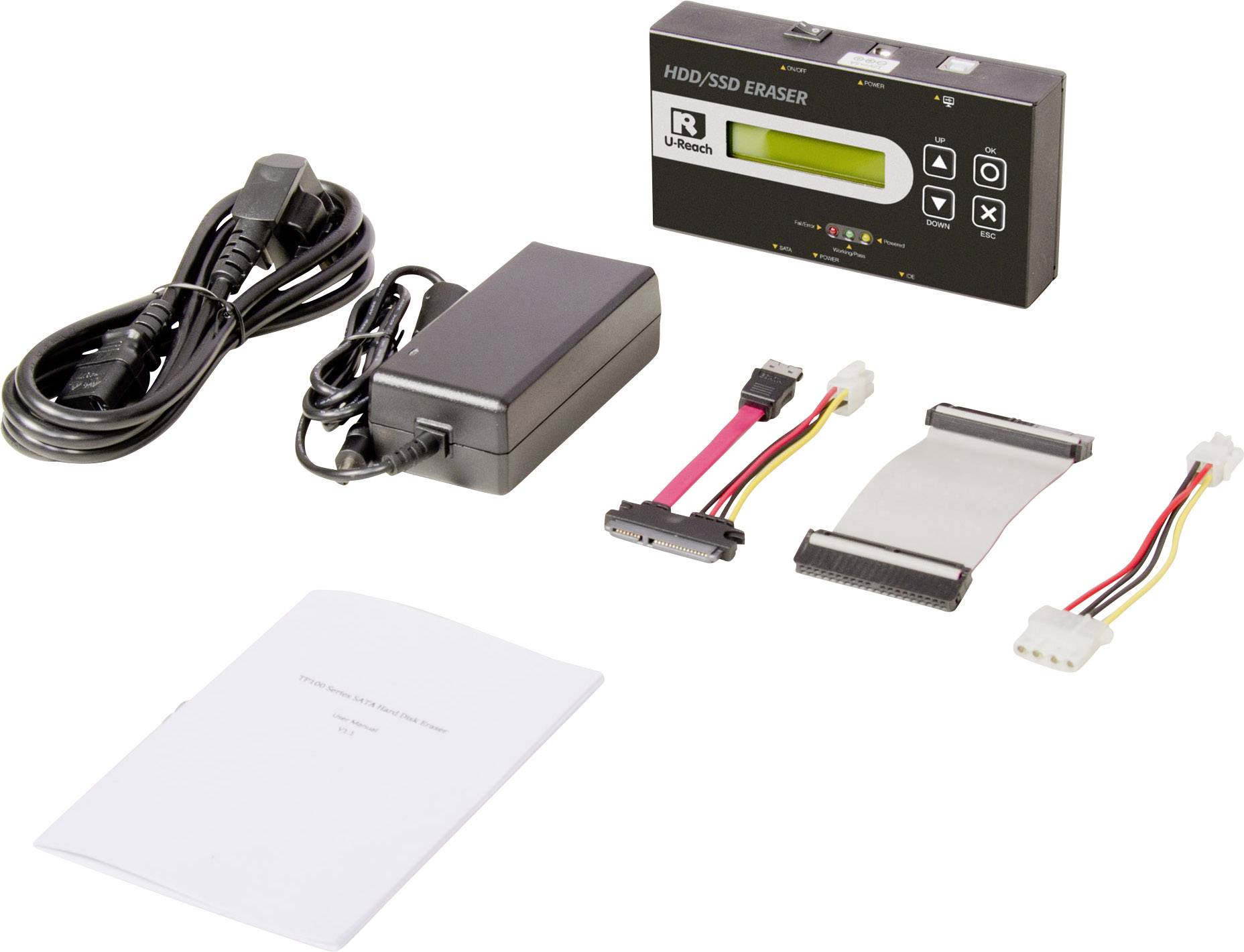 Zariadenie na vymazanie HDD/SSD vrátane napájacieho zdroja, prepojovacích káblov a manuálu na bezpečné vymazanie dát z pevných diskov.