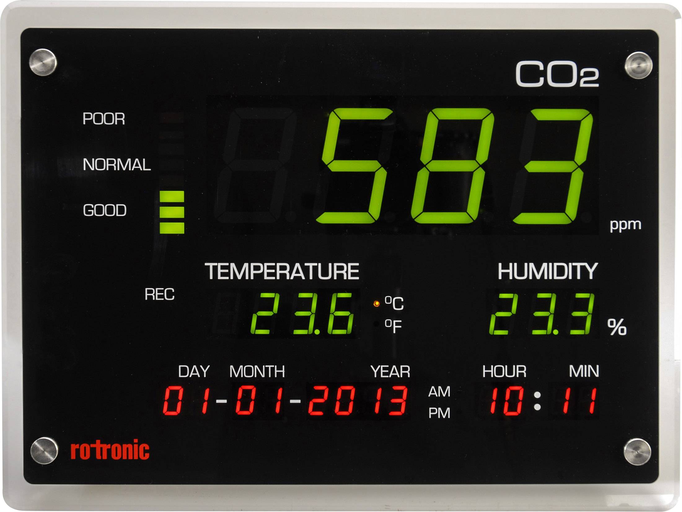 'Indikátor CO2 s hodnotami: 583 ppm, teplota 23,6°C, vlhkosť vzduchu 23,3%. Dátum: 01-01-2013, čas: 10:11.'