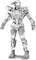 Strieborná kovová figúra v štýle futuristického robota stojí vzpriamene, pričom zobrazuje detailné časti brnenia a mechanické končatiny.