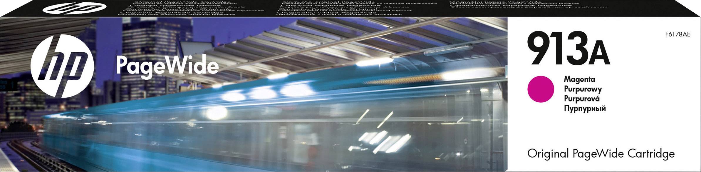 Obal atramentovej kazety HP PageWide 913A v purpurovej farbe. Hlavný motív tvorí rozmazaný vlak znázorňujúci pohyb v modernom meste.