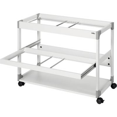 Biely, pojazdný rám s dvomi kovovými priehradkami, určený na uskladnenie zariadení, s vyťahovateľnou stredovou časťou.