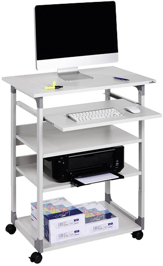 Biely a sivý počítačový stôl na kolieskach s desktopovým počítačom, klávesnicou, myšou, tlačiarňou a kôpkami papierov na políciach.