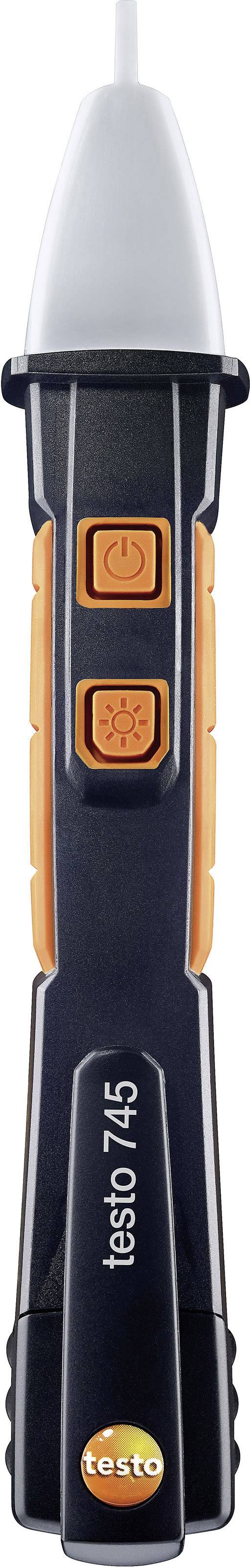Elektrický tester napätia v čiernej a oranžovej farbe, model 'testo 745', s dvoma tlačidlami na prednej strane a bielou špičkou.