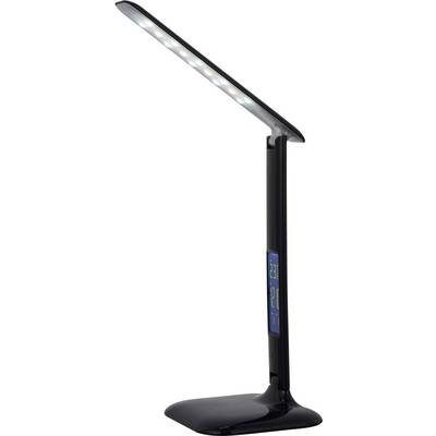 Čierna LED stolná lampa s tenkým, štýlovým dizajnom, plochým obdĺžnikovým podstavcom a svietiacim digitálnym displejom.