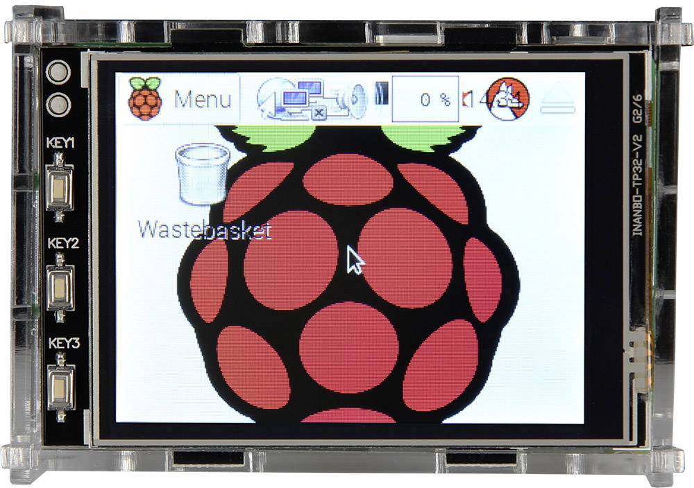 Obrazovka s používateľským rozhraním Raspberry Pi, logo Raspberry v pozadí a viditeľný symbol odpadkového koša.