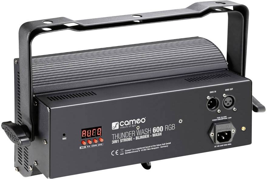 LED svetelný efektový prístroj s DMX konektormi a digitálnym displejom pre javiskové osvetlenie. Model: 'Thunder Wash 600 RGB' od značky Cameo.