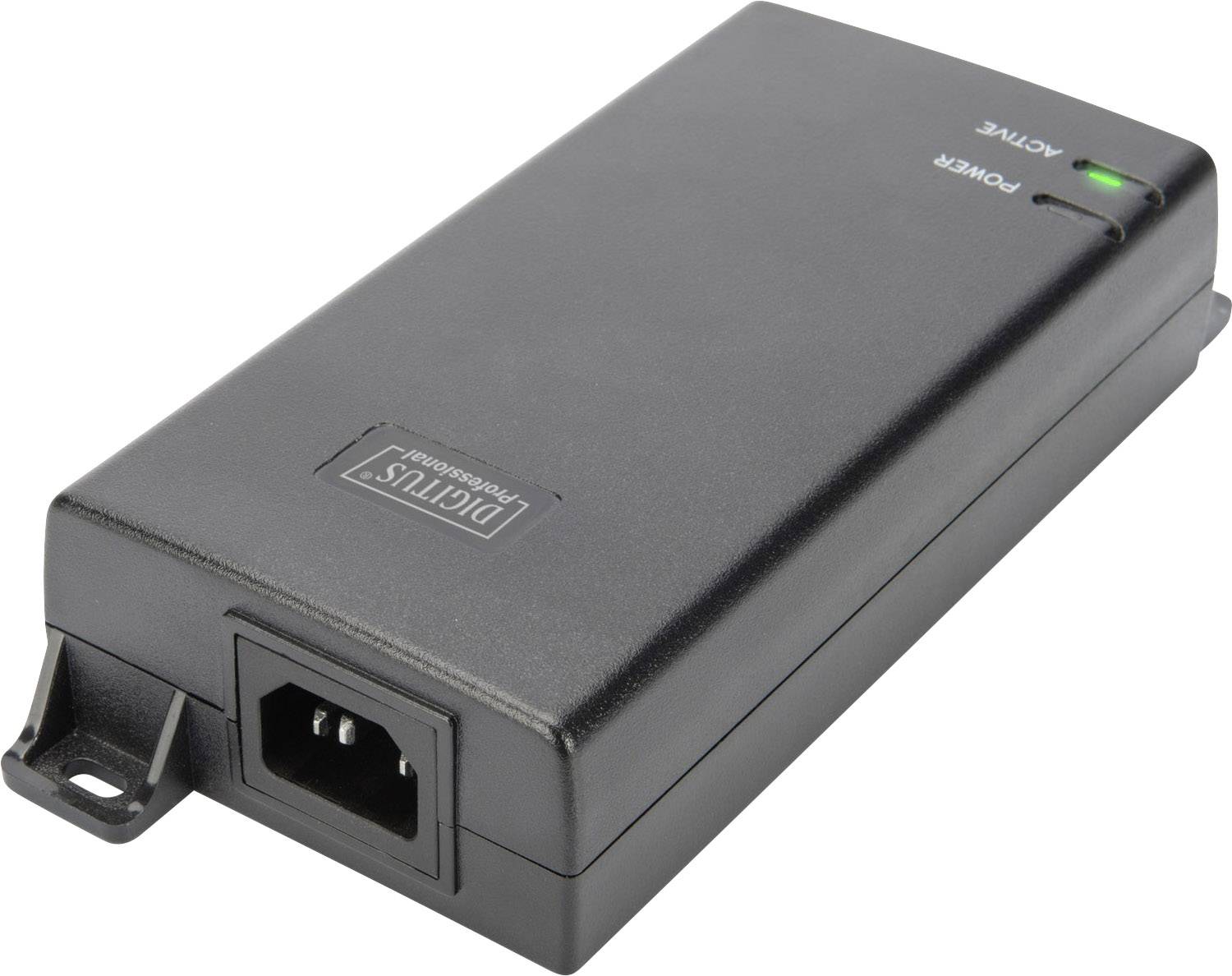 Čierne sieťové napájacie zariadenie s dvoma LED indikátormi signalizujúcimi stav 'Napájanie' a 'Aktívne'. Vhodné pre použitie s elektronickými zariadeniami.