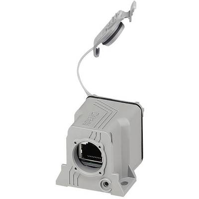 Sivý kryt so zásuvkou Ethernet, ochranný kryt je otvorený. Vhodné pre priemyselné aplikácie.