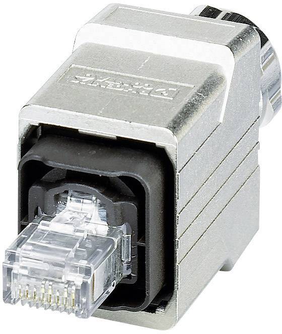 Strieborný konektor RJ45, robustne navrhnutý, je zobrazený v detailnom zábere. Je vhodný pre priemyselné ethernetové pripojenia.