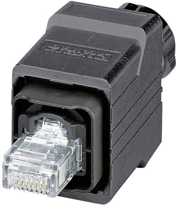 Čierny RJ45 adaptér so sieťovým konektorom v priehľadnom kryte, vhodný pre sieťové prepojenia káblov.