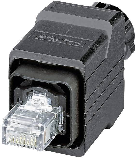 Čierny ethernetový konektor s priehľadnou hlavicou, ktorý sa používa na prenos sieťových signálov.
