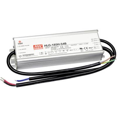 LED budič v kryte s káblovými pripojeniami. Nápis 'HLG-185H-54B'. Viditeľné logo výrobcu. Vhodné pre vstupný rozsah 120-240V.
