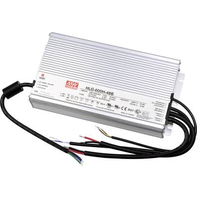 Strieborný napájací zdroj, model 'HLG-600H-48B' od MEAN WELL. Má niekoľko farebných káblov a technické detaily na nálepke.