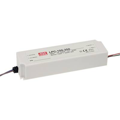 Obdĺžnikový napájací zdroj značky Mean Well, model LPC-100-350, určený pre LED aplikácie, s uvedenými špecifikáciami napätia a prúdu.