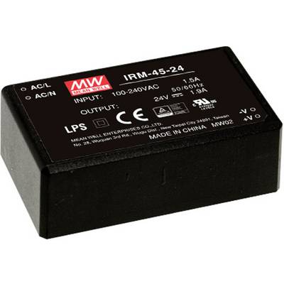 Čierne napájací zdroj od Mean Well so špecifikáciami: 'VSTUP: 100-240VAC, 50/60Hz, 1,5A; VÝSTUP: 24V, 1,9A'. Vyrobené v Číne.