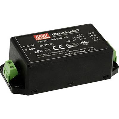 Čierne elektrické zariadenie so zelenými konektormi, logo značky 'MW', vstupné špecifikácie 100-240VAC, výstup 24V, 45W.